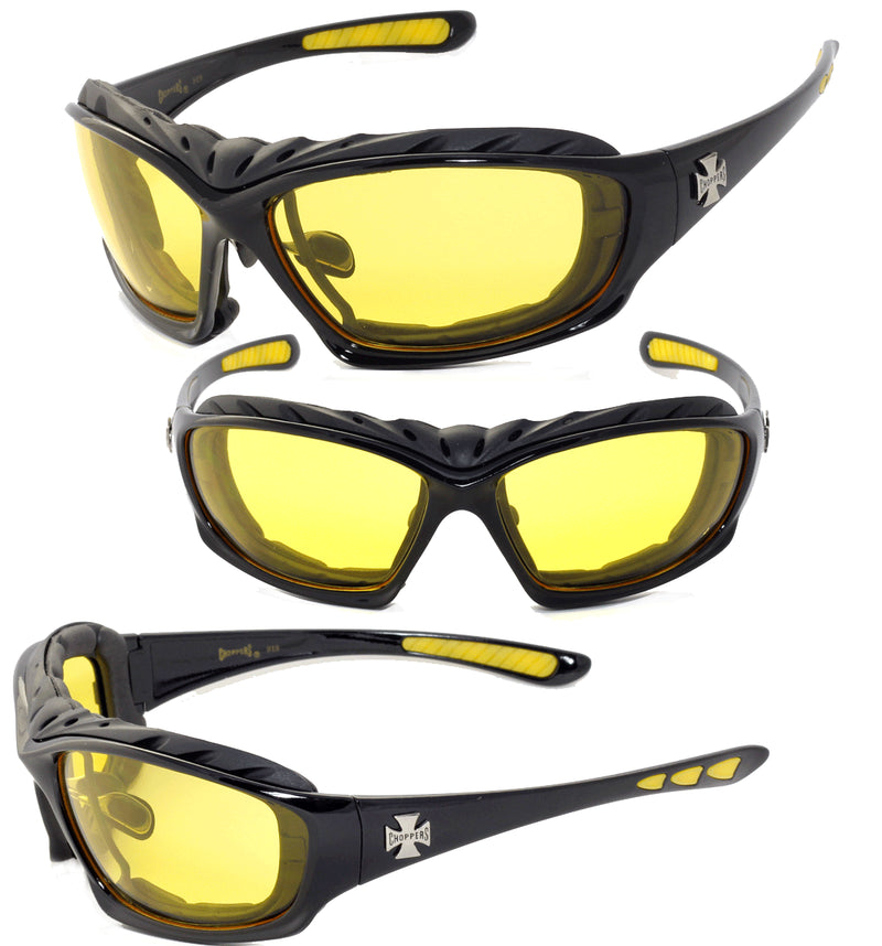 Night Driving Riding Padded Motorcycle Glasses - Black Frame Yellow Lens C49