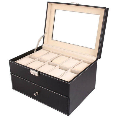 Large 20 Slot Leather Watch Box Case Organizer Glass Display Jewelry Storage