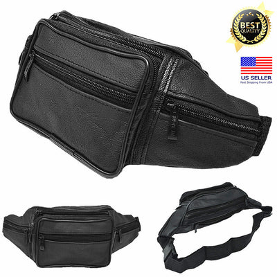 Genuine Leather Fanny Pack Multi Zippered Waist Bag Hip Belt Purse Black Pouch