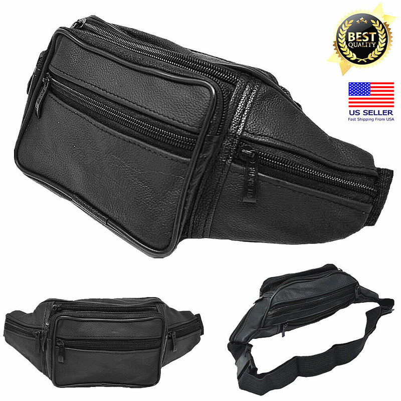 Genuine Leather Fanny Pack Multi Zippered Waist Bag Hip Belt Purse Black Pouch