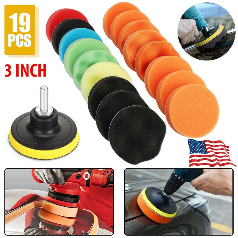 19Pc 3" Car Buffing Pads Polishing Sponge Set Waxing Foam Polisher Kit for Drill