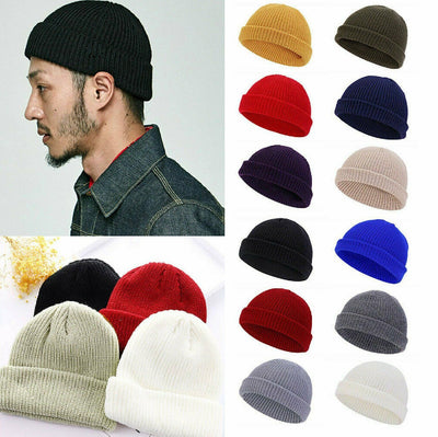 Cuff Beanie Knit Hat Cap Slouchy Skull Ski Men Women Plain Winter Warm Hats Black