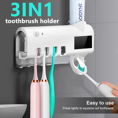 4 Toothbrush Holder Set UV Light Cleaner Automatic Wall Toothpaste Dispenser US