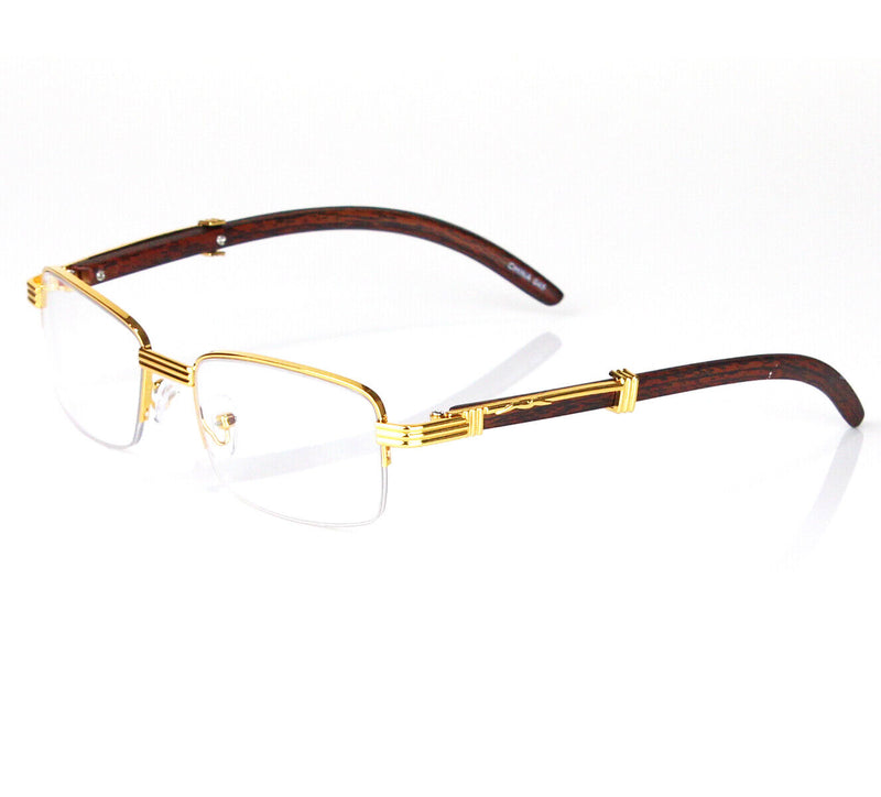 Retro Vintage Clear Lens Gold Wood Frame Fashion Eye Glasses Designer Mens Women