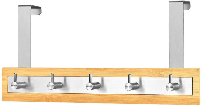 Over the Door Bamboo Wooden Hanger 5 Stainless Steel Hooks Bathroom Clothes Rack