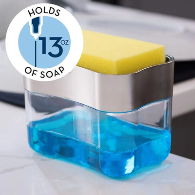 2 In1 Kitchen Liquid Soap Pump Dispenser Sponge Holder Press Countertop Rack