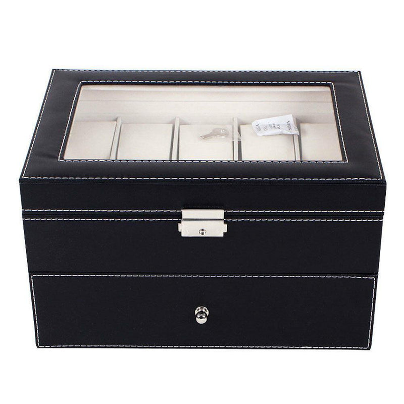 Large 20 Slot Leather Watch Box Case Organizer Glass Display Jewelry Storage