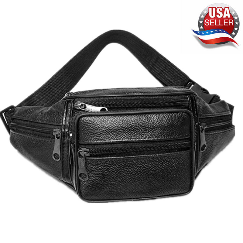 Genuine Leather Fanny Pack Multi Zippered Waist Bag Hip Belt Purse Black Pouch