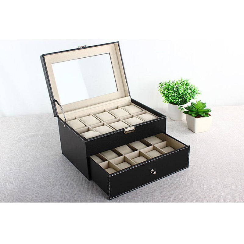 Large 20 Slot Leather Watch Box Case Organizer Glass Display Jewelry Storage