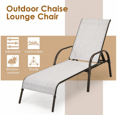 2 Pcs Indoor Outdoor Patio Chaise Lounge Fabric Chair with Adjustable Reclining Armrest