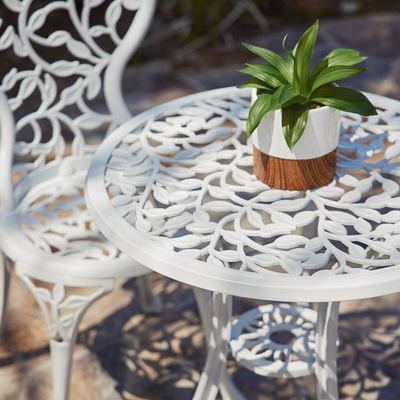 White Iron Cast 3 Piece Bistro Outdoor Patio Furniture Set Leaf Design Weather Resistant