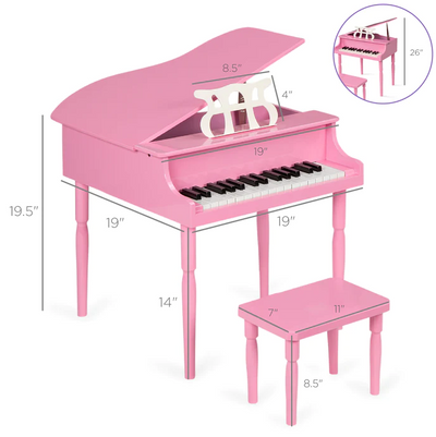 Kids Mini Wooden Grand Piano Keyboard with Piano Bench Music Rack Song Book and Stickers