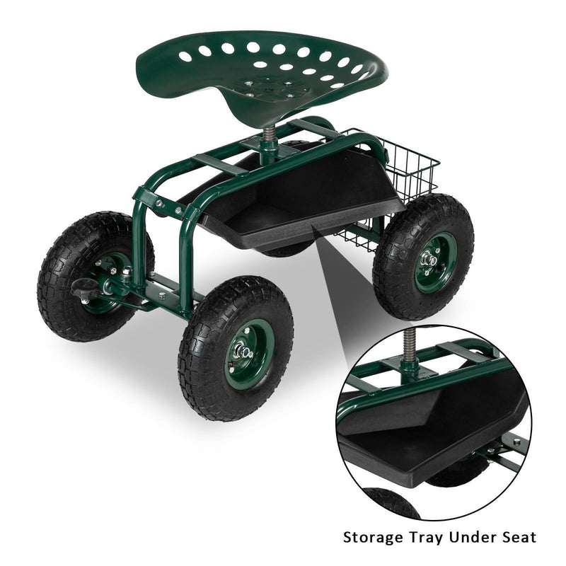 Garden Tool Cart Rolling Scooter w/ 360° Swivel Seat & Basket Outdoor Yard Lawn