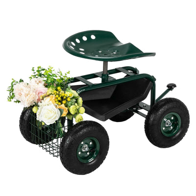 Garden Tool Cart Rolling Scooter w/ 360° Swivel Seat & Basket Outdoor Yard Lawn