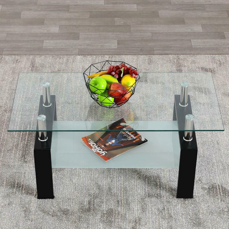 Black Rectangular Glass Coffee Center Table Shelf Living Room Furniture