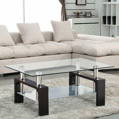 Black Rectangular Glass Coffee Center Table Shelf Living Room Furniture