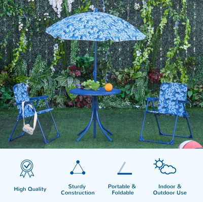 Kids Folding Picnic Table and Chair Set Outdoor Garden Patio Backyard Double Chair with Removable Sun Umbrella