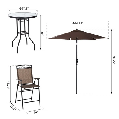 4 Piece Folding Outdoor Patio Pub Dining Table and Chairs Set with 6' Adjustable Tilt Umbrella