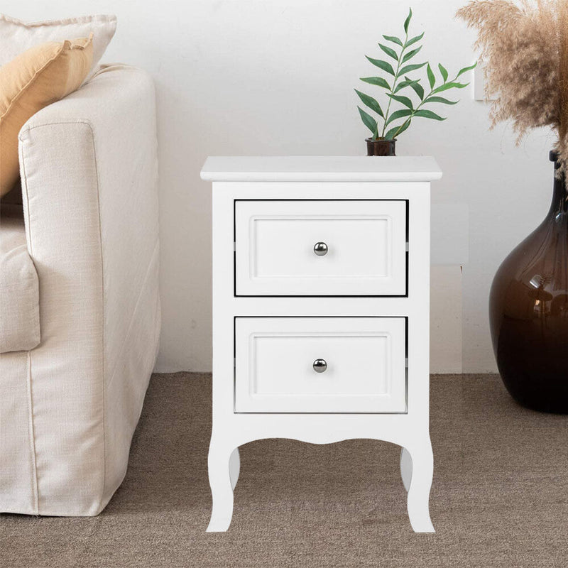 White Wood Nightstand, End Side Bedside Table with 2 Drawers