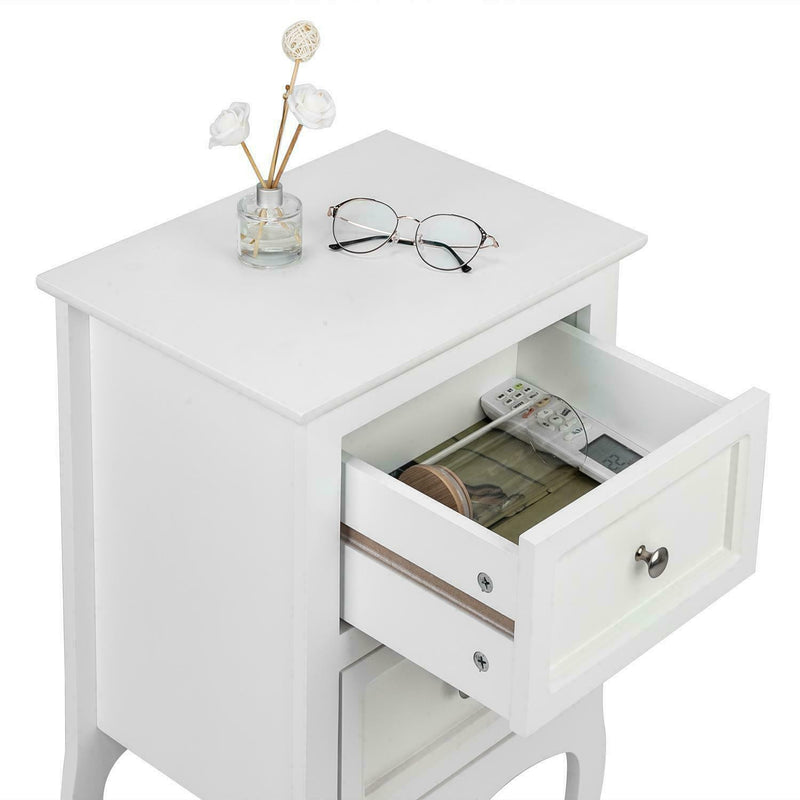 White Wood Nightstand, End Side Bedside Table with 2 Drawers